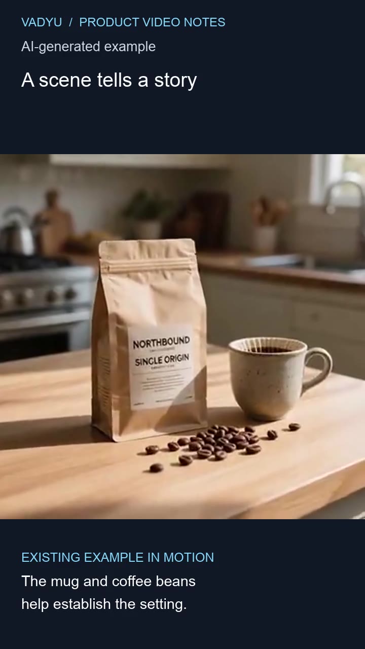 Give the product context: a framed coffee product example with an AI-generated example label and educational text.