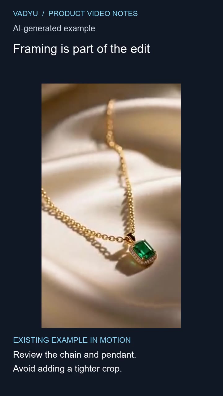 Preserve the original framing: a framed necklace product example with an AI-generated example label and educational text.