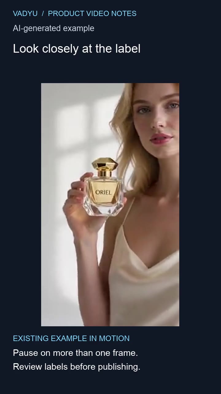 Review the label in motion: a framed perfume product example with an AI-generated example label and educational text.