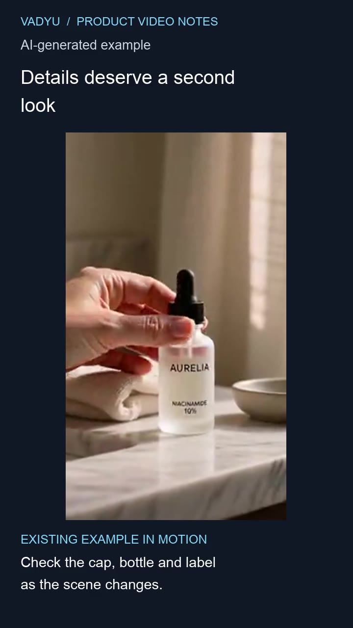 Check product details: a framed skincare product example with an AI-generated example label and educational text.