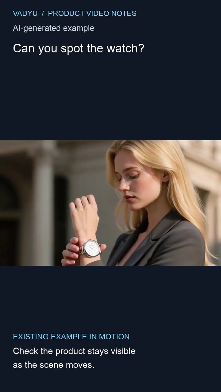 Start with a visible product: a framed watch product example with an AI-generated example label and educational text.